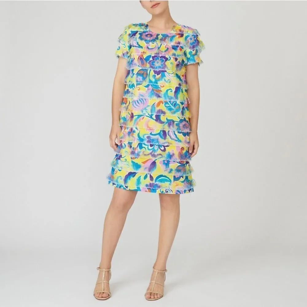 J. Crew Multicolor Summery Abstract Fringe Shift Dress Size 10